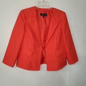 Kasper Blazer Jacket Women's 10 Orange Textured Collarless Lined 3/4‎ Sleeve